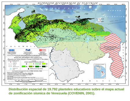 Distribuci&oacute;n espacial de una muestra de 19792 planteles educativos sobre el mapa actual de zonificaci&oacute;n s&iacute;smica de Venezuela (COVENIN, 2001)