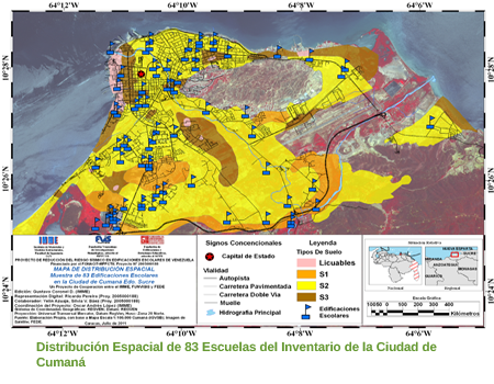 Distribuci&oacute;n Espacial de 83 escuelas del inventario de la ciudad de Cuman&aacute;