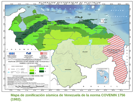 Mapa de zonificaci&oacute;n s&iacute;smica de Venezuela de la norma COVENIN 1756 (1982)