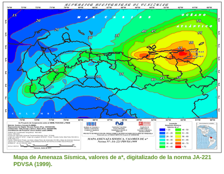 Mapa de amenaza s&iacute;smica, valores a*, digitalizado de la norma JA-221 PDVSA (1999)