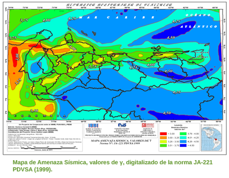 Mapa de amenaza s&iacute;smica, valores y, digitalizado de la norma JA-221 PDVSA (1999)