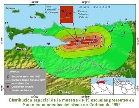 Distribuci&oacute;n espacial de la muestra de 19 escuelas presentes en Sucre en momentos del sismo de Cariaco de 1997