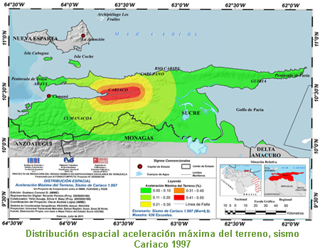 Distribuci&oacute;n espacial aceleraci&oacute;n m&aacute;xima del terreno, sismo Cariaco 1997