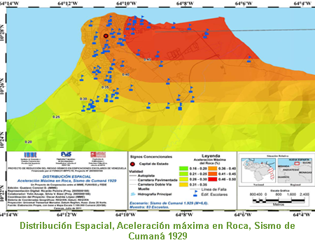 Distribuci&oacute;n Espacial, Aceleraci&oacute;n m&aacute;xima en Roca, Sismo de Cuman&aacute; 1929