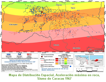 Mapa de Distribuci&oacute;n Espacial, Aceleraci&oacute;n m&aacute;xima en roca, Sismo de Caracas 1967
