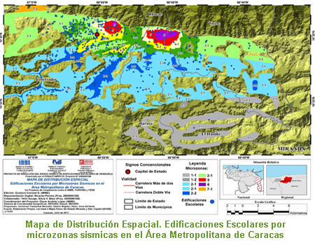Mapa de Distribuci&oacute;n Espacial. Edificaciones Escolares por microzonas sismicas en el &aacute;rea Metropolitana de Caracas